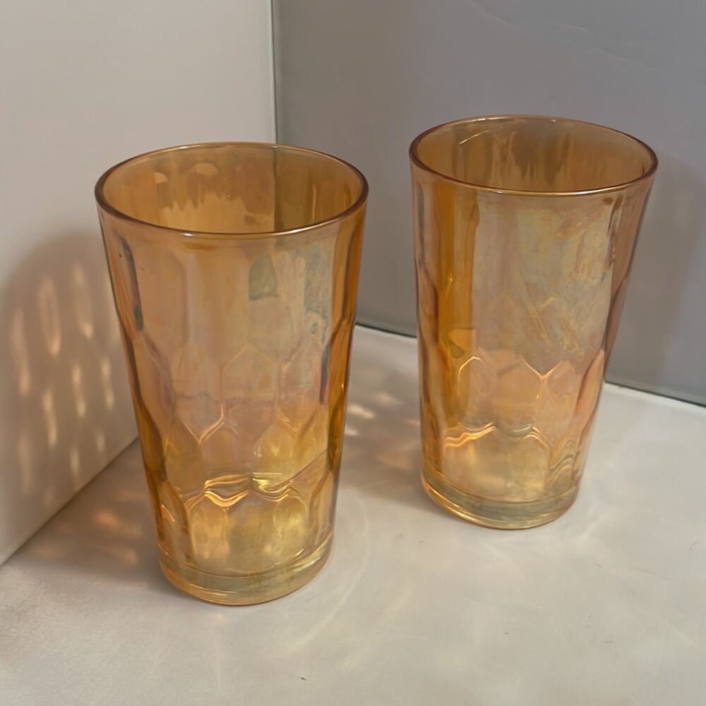 Pair Jeannette Hex Optic‎ Iridescent Carnival Glass Flat Tumble Drinking Glasses